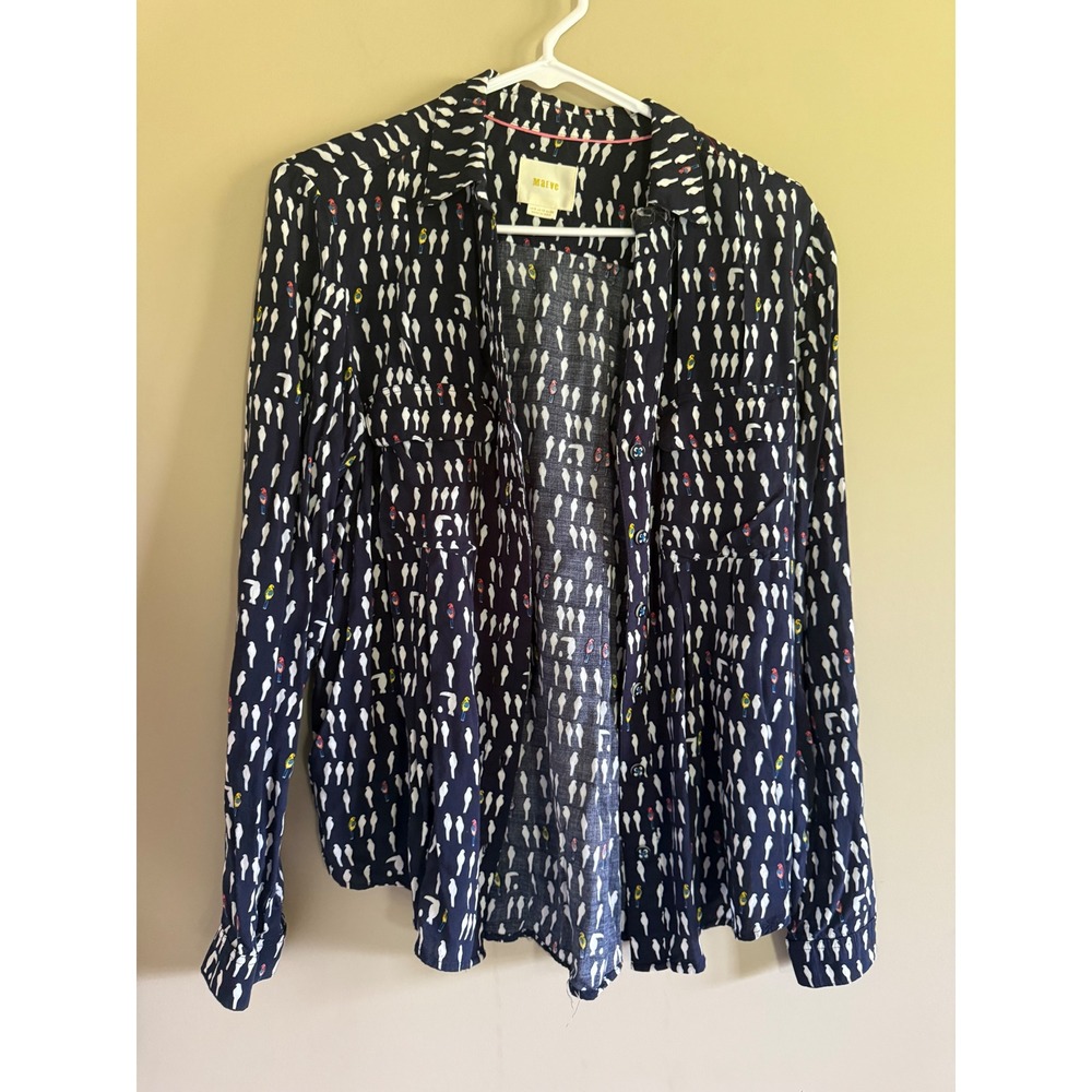 Maeve Anthropologie‎ Navy Blue Bird Print Button Down Blouse Shirt Womens Size 6